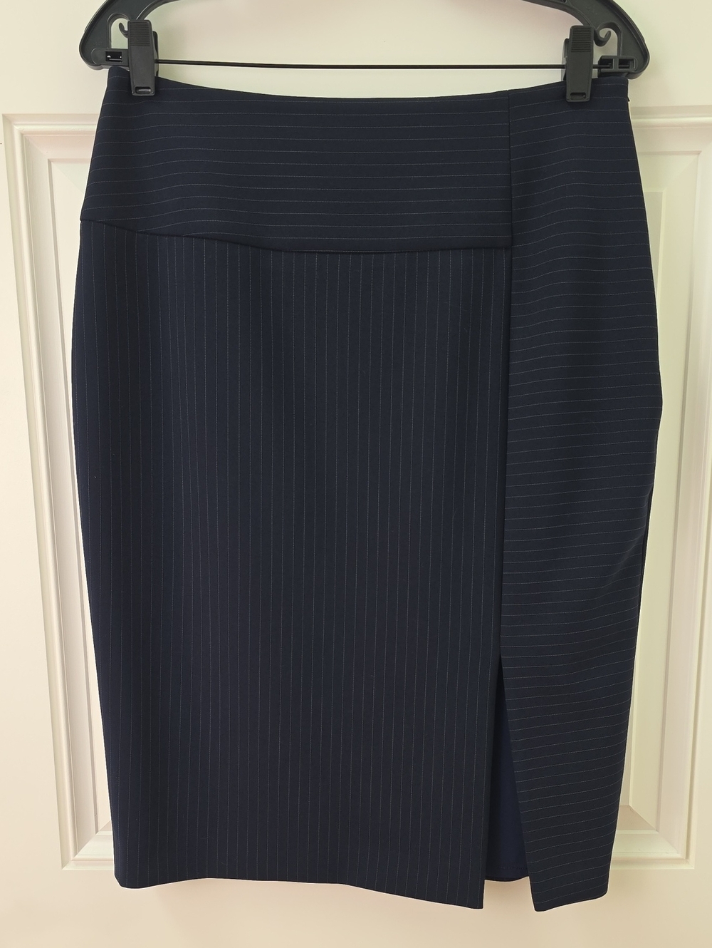 Boss Navy Lined Pinstripe Pencil Skirt with Front Side Slit. Size 10